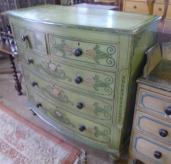19th century painted pine bow-fronted chest of drawers